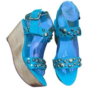 Boho 70s Molly Turquoise Studded Wedge Sandals Kooba Leather Slingback Sz 6.5B